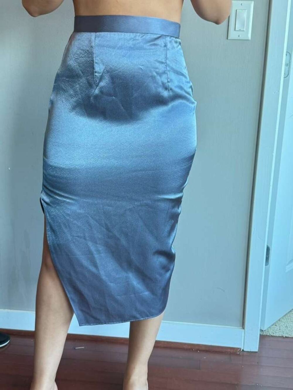 Satin High-Waist Midi Skirt with Side Slit in Steel Blue